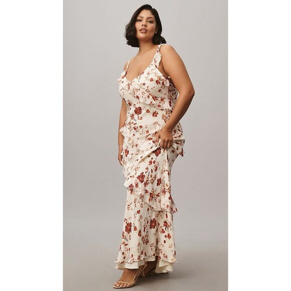 Anthropologie Let Me Be Maxi Dress Women Red Floral Ruffle Preppy Boho Sz 14 NWT